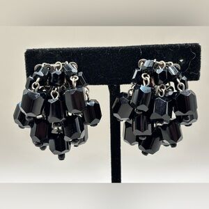 Vintage Black Crystal Bead  Waterfall Cascade  Clip Earrings 1.5”